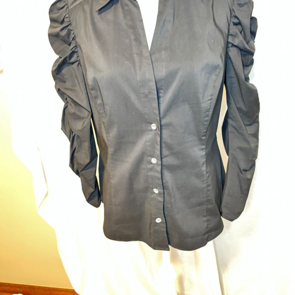 INC International Concepts Black Ruched Sleeve Button-Up Blouse Top - Picture 5 of 7